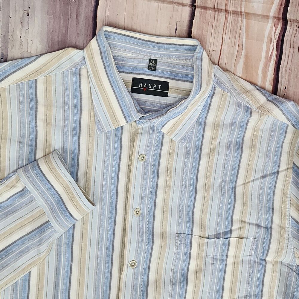 Haupt Mens XL 17.5 43/44 Blue White Striped Cotton Button Up Germany *Read Desc*